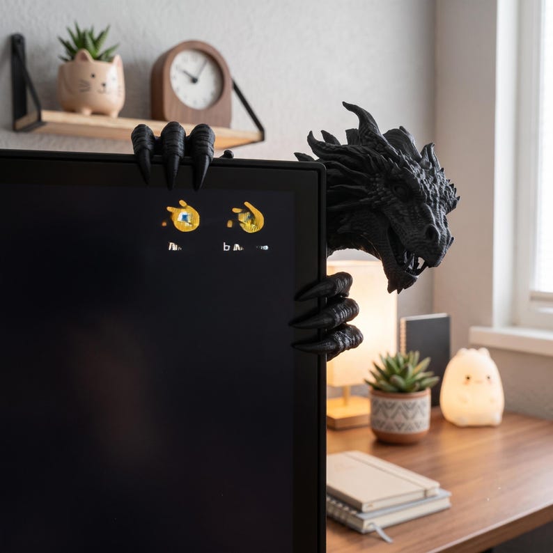 Detailed close-up of a fantasy dragon head gripping the corner of a computer monitor. The dark metallic-brown sculpture features layered facial scales, long pointed horns, textured skin, a strong snout and curved claws, creating dramatic gamer desk decor and a unique screen-top companion.