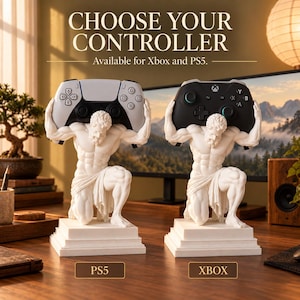 May include: Two white statues of a kneeling figure on a square base, each holding a game controller above its head. The left statue holds a white and black PS5 controller, and the right statue holds a black Xbox controller. Text reads CHOOSE YOUR CONTROLLER.