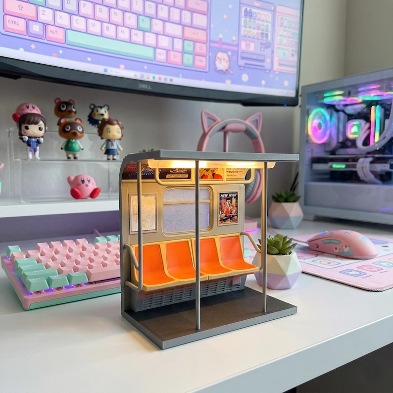 May include: A miniature New York City subway station model with orange seating, a gray frame, and a lit-up interior. The model includes a small poster that says "New York". The model is on a white desk.
