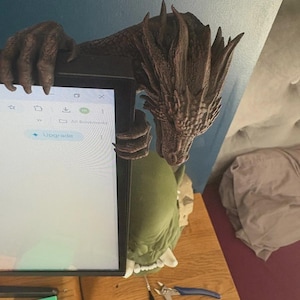 Front view of a dark bronze-effect 3D-printed dragon monitor buddy wrapped around the upper-right corner of a black computer screen. The fantasy dragon has a horned scaled head, open mouth, large claws gripping the top bezel and additional claws holding the side, with a blue wall and hanging green plants behind it.