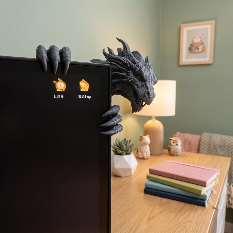 Front view of a dark bronze-effect 3D-printed dragon monitor buddy wrapped around the upper-right corner of a black computer screen. The fantasy dragon has a horned scaled head, open mouth, large claws gripping the top bezel and additional claws holding the side, with a blue wall and hanging green plants behind it.