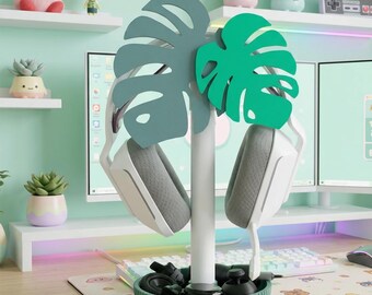 Monstera Headphone Stand, Aesthetic Desk Organizer, 3D Printed Gaming Setup Decor, Cute Headphone Holder with Storage Base