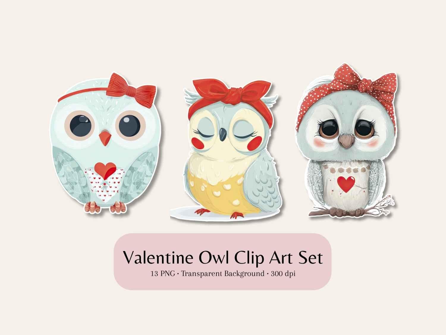 Valentine Owl Clip Art Set, Love-Themed Nursery & Craft Graphics, Digital Download