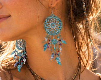 Boucles d'oreilles attrape-rêves en dentelle, faites main | Couleurs personnalisées | Motifs mandala | Boucles d'oreilles pendantes légères et tendance | Bijoux bohèmes pour les fêtes