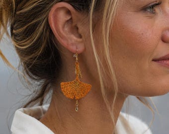 Boucles d'oreilles en dentelle feuille de ginkgo avec chaînette | Boucles d'oreilles bohèmes | Bijoux d'été | Symbole d'amitié | Cadeau spirituel | Fait main