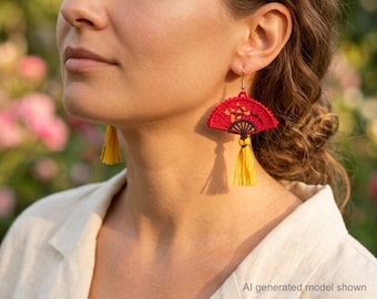 Boucles d'oreilles éventail en dentelle, acier inoxydable 316 et argent 925 | Bijou japonais en or rose | Boucles d'oreilles à pompons, légères comme une plume, faites main | Pièce unique