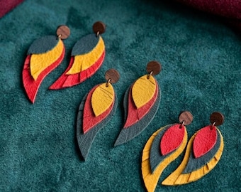 Boucles d'oreilles bohèmes en cuir en forme de feuille | Boucles d'oreilles ultra-légères | Fabriquées à la main en cuir de vachette | Puces d'oreilles en acier inoxydable