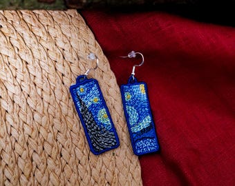 Boucles d'oreilles La Nuit étoilée de Van Gogh - Boucles d'oreilles en dentelle brodée à la machine - Boucles d'oreilles bleues - Argent sterling 925 - Cadeau élégant