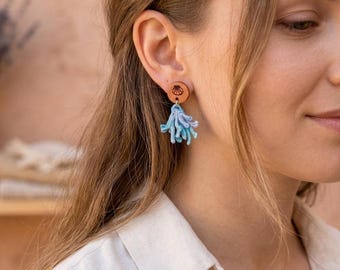 Boucles d'oreilles corail en dentelle et cuir recyclé, bijoux bohèmes tendance