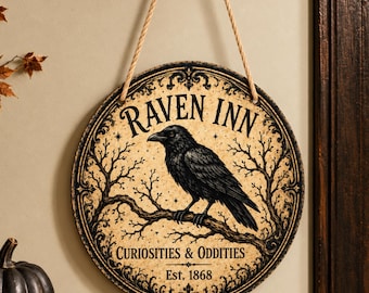 Vintage Halloween Sign Metal Wall Hanging Plaque Round Aluminum Door Hanger Witch Spooky Gothic Castle Haunted House Artwork Raven Seasonal