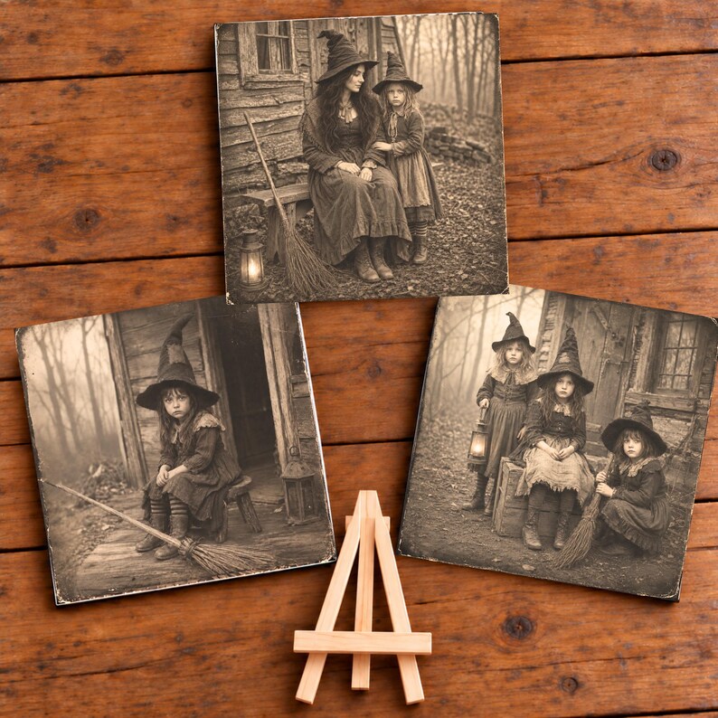 May include: Three square wooden plaques featuring sepia-toned photographic prints of figures in pointed hats and dark clothing near a rustic cabin. One plaque shows two figures, another shows one, and the third shows three, all with brooms and lanterns.