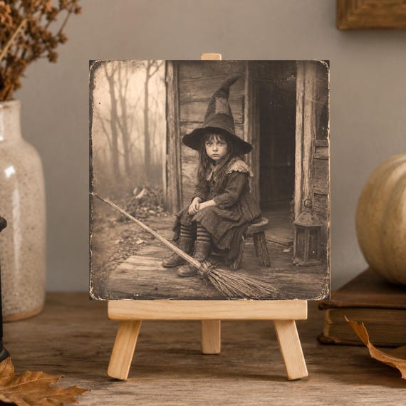 Halloween Party Centerpiece Table Display Vintage Witch Aluminum Print Sepia Photo Panel Art Metal Easel Tabletop Decoration Retro Spooky