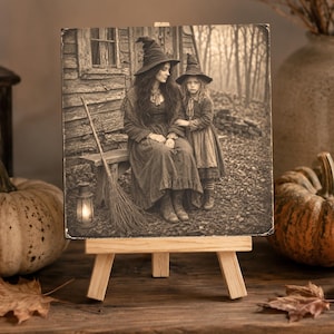 Sepia Tone Nostalgic Artwork Vintage Witch Display Halloween Tiered Tray Decoration Farmhouse Fall Accent Miniature Aluminum Panel Set Wooden Easel Stand Collection Little Witch Children Broom Design Autumn Shelf Styling Seasonal Home