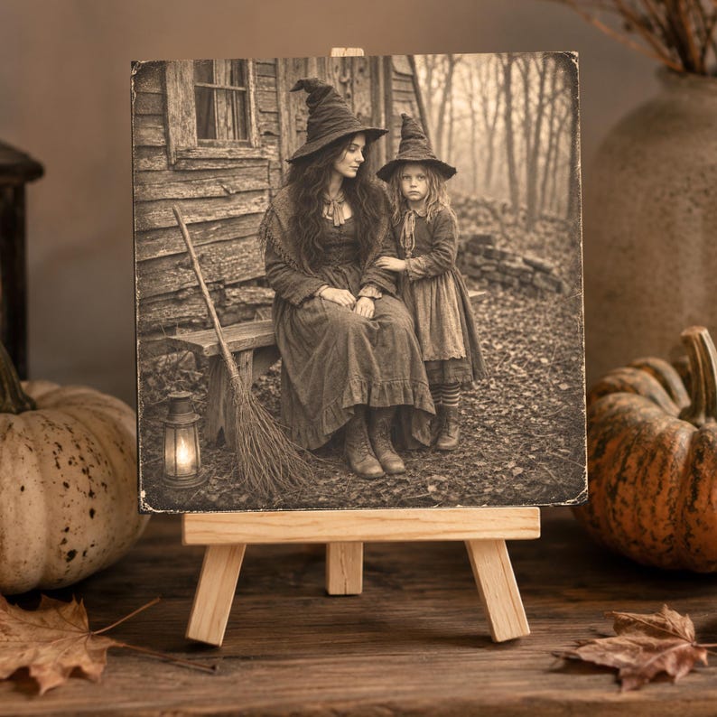 Sepia Tone Nostalgic Artwork Vintage Witch Display Halloween Tiered Tray Decoration Farmhouse Fall Accent Miniature Aluminum Panel Set Wooden Easel Stand Collection Little Witch Children Broom Design Autumn Shelf Styling Seasonal Home