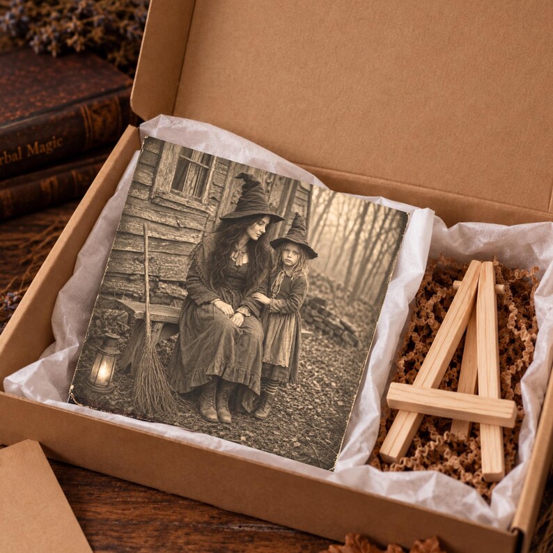 May include: A square wooden plaque featuring a sepia-toned photograph of two figures in pointed hats standing near a rustic wooden building, accompanied by a small wooden display easel, all packaged inside a cardboard gift box with white tissue paper.