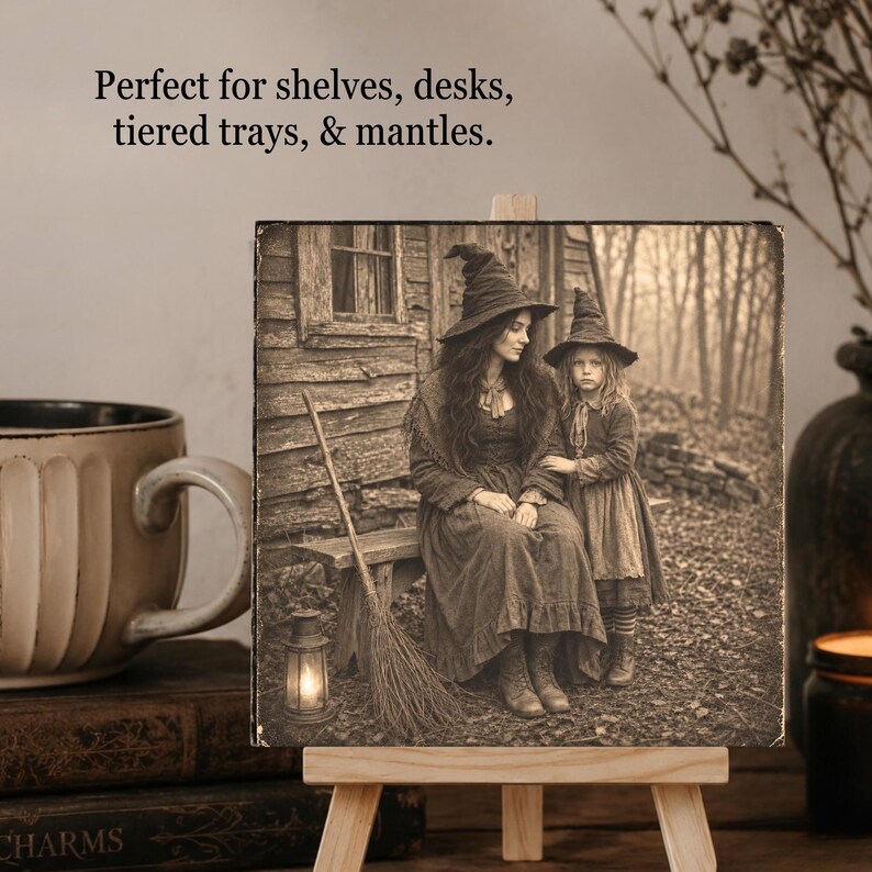 May include: A square wooden sign featuring a sepia-toned image of an adult and a child wearing pointed hats, sitting on a bench near a wooden cabin with a broom and lantern. The text reads: Perfect for shelves, desks, tiered trays, & mantles.