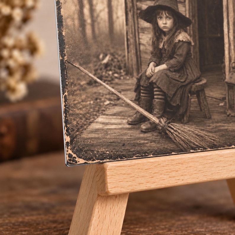 May include: A sepia-toned rectangular print displayed on a light-colored wooden easel. The image depicts a child wearing a wide-brimmed hat and dark clothing, sitting on a small stool on a wooden porch next to a broomstick with a forest background.