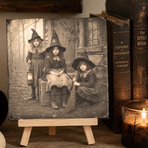 May include: A square wooden sign featuring a sepia-toned photograph of three children in pointed hats standing near a wooden structure. One child holds a lit lantern, another sits on a crate, and the third holds a broom. The sign rests on a small easel.