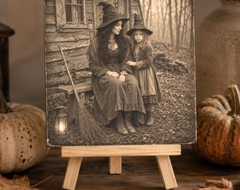 Vintage Witch Photo Aluminum Easel Panel Display Halloween Desk Art Metal Tabletop Stand Sepia Tone Picture Set Farmhouse Halloween Shelf