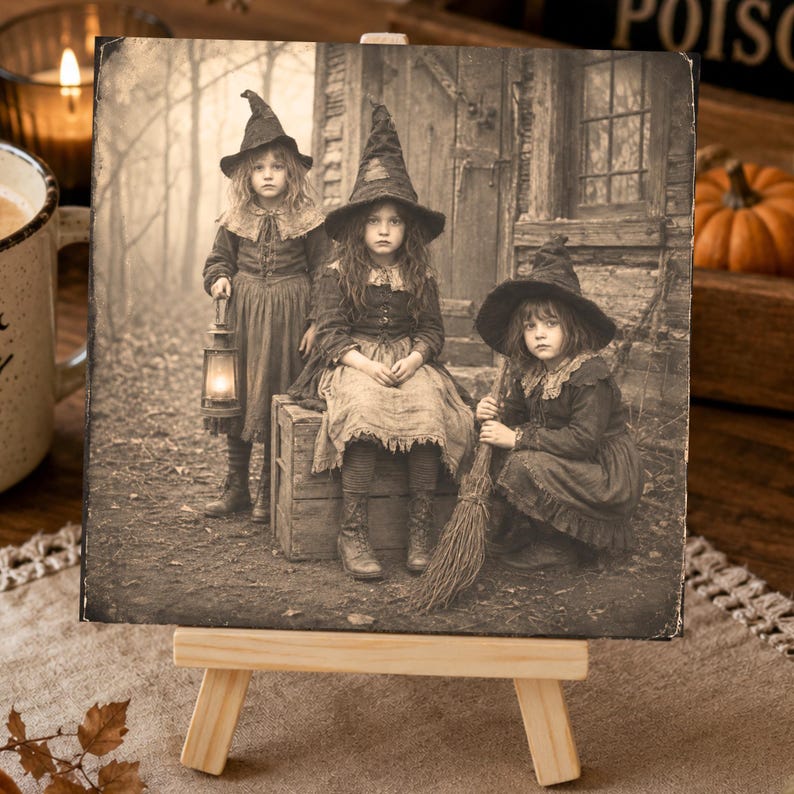 Miniature Display Easel Stand Set Vintage Witch Aluminum Panel Collection Halloween Tiered Tray Accent Farmhouse Fall Shelf Styling Sepia Tone Nostalgic Artwork Little Witch Children Costume Image Autumn Home Staging Seasonal Kitchen