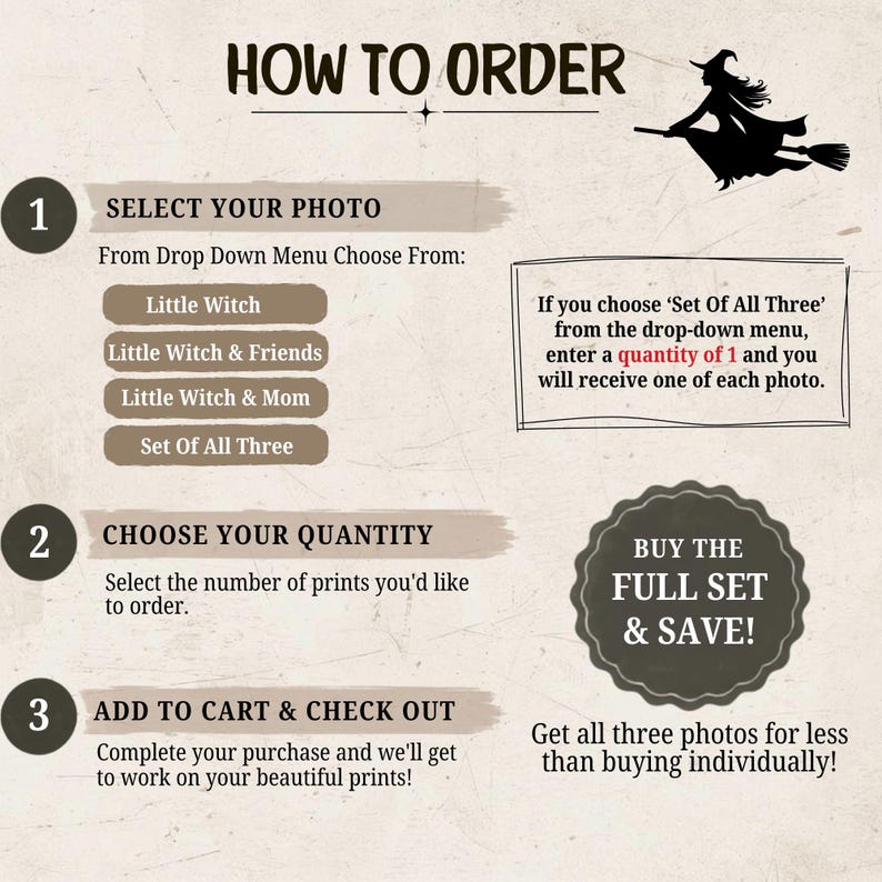 May include: An instructional graphic titled HOW TO ORDER featuring a black silhouette of a witch on a broomstick. It outlines three steps for purchasing prints, including options for Little Witch, Little Witch & Friends, Little Witch & Mom, or a Set Of All Three, with additional text explaining quantity selection and a promotional badge to buy the full set.