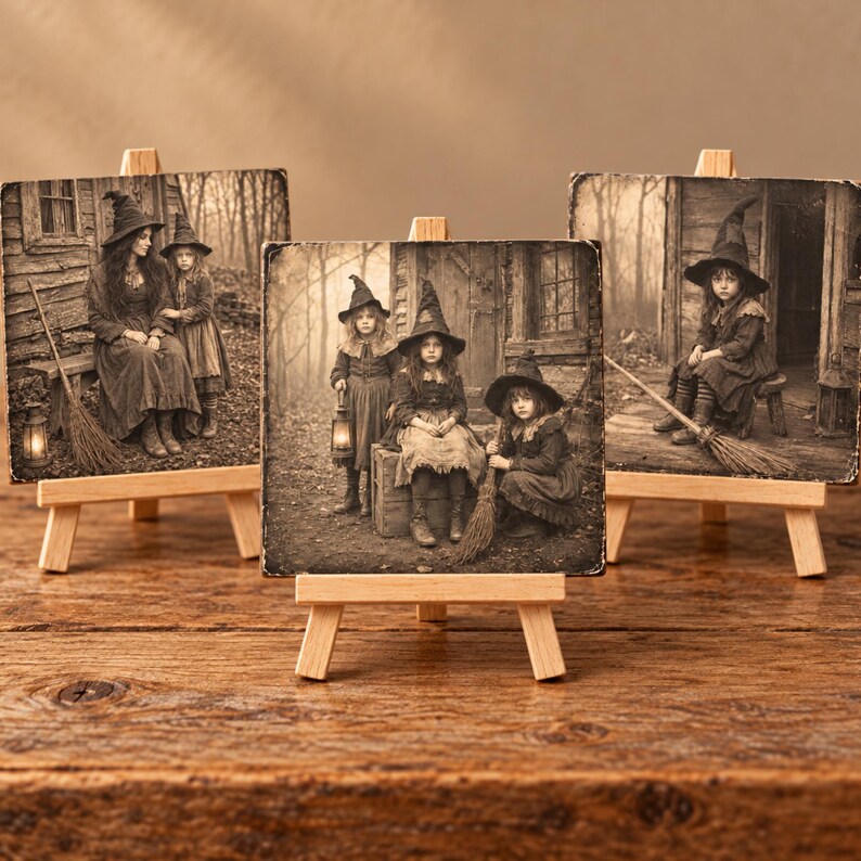 May include: Three square prints displayed on small wooden easels, each featuring sepia-toned photography of figures in pointed hats and dark clothing. The images depict scenes with rustic wooden structures, lanterns, and brooms in a forest setting.