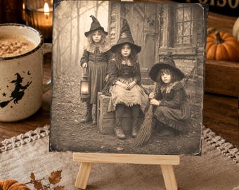 Vintage Witch Decor Halloween Tiered Tray Decoration Farmhouse Fall Shelf Accent Miniature Display Easel Stand Aluminum Panel Sepia Tone