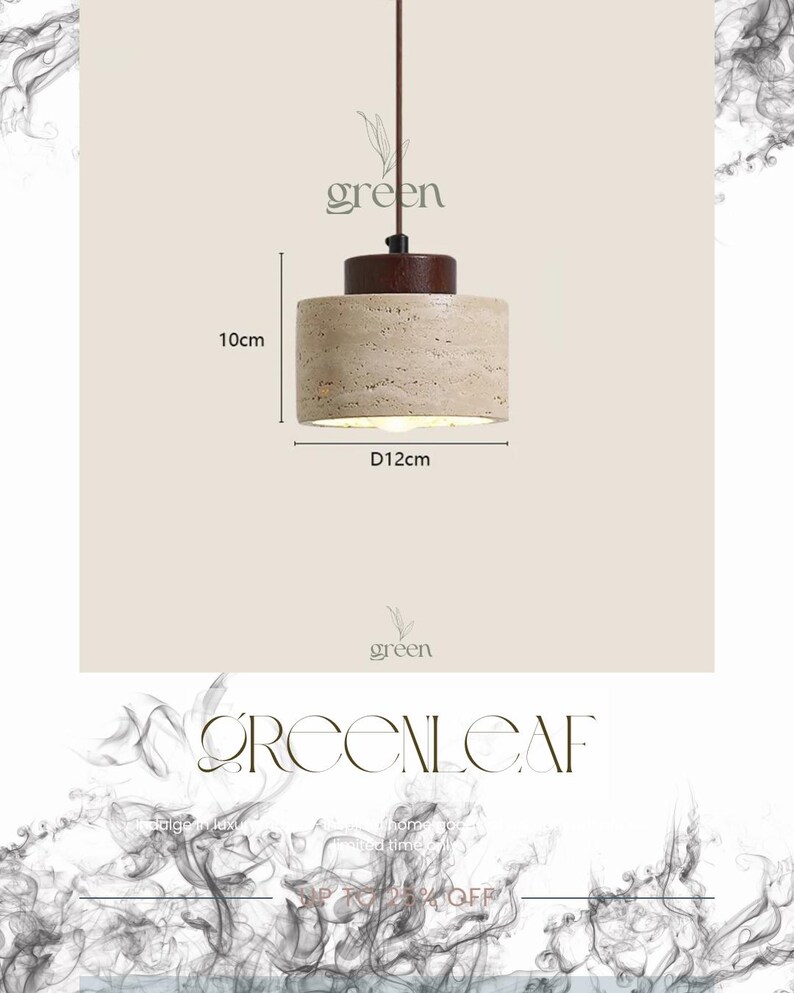 May include: A cylindrical pendant light with a beige stone-like shade, 4 inches tall and 4.7 inches in diameter, and a dark brown top. The light hangs from a brown cord. The word "green" is above the light.