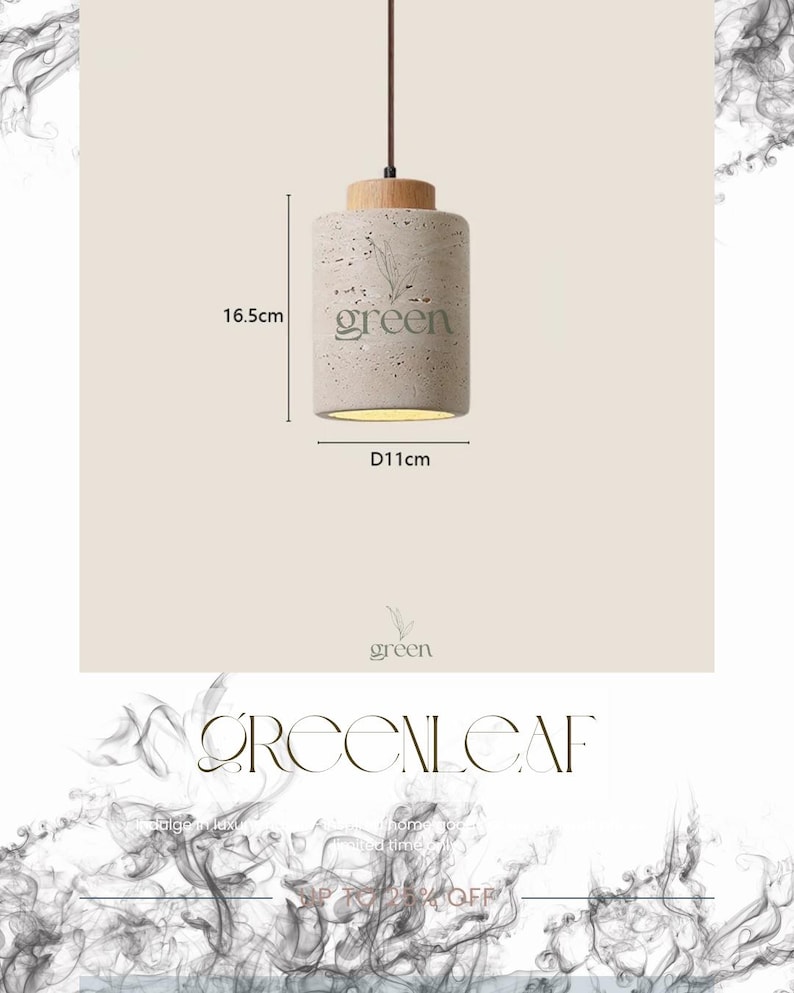 May include: A cylindrical pendant light with a light gray concrete body and a wooden top. The light fixture is 6.5 inches tall and 4.3 inches in diameter. The word "green" is printed on the front. A brown cord suspends the light.