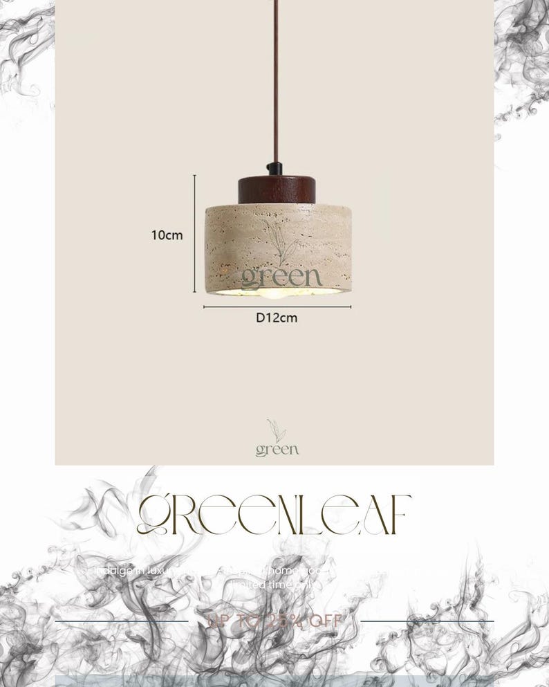 May include: A cylindrical pendant light with a brown top and a beige, textured body. The light fixture is 10cm high and 12cm in diameter. The word "green" is printed on the light fixture.