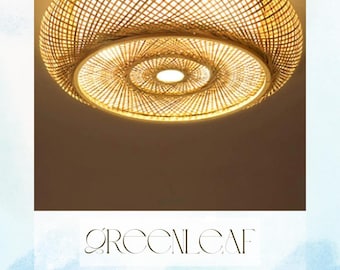Boho Rattan Ceiling Light Fixture – 20" Bamboo Wicker Flush Mount Light, Hand-Woven Drum Shade, Farmhouse Coastal Bedroom Decor Wicker Decor