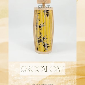 May include: A cylindrical bamboo lantern with a yellow interior and black bamboo leaf design. The top and bottom are made of light-coloured wood. The word "green" is printed on the top. The text "GREENLEAF" and "UP TO 25% OFF" are also visible.