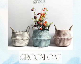 Boho Striped Wicker Storage Basket, Handmade Bohemian Organizer