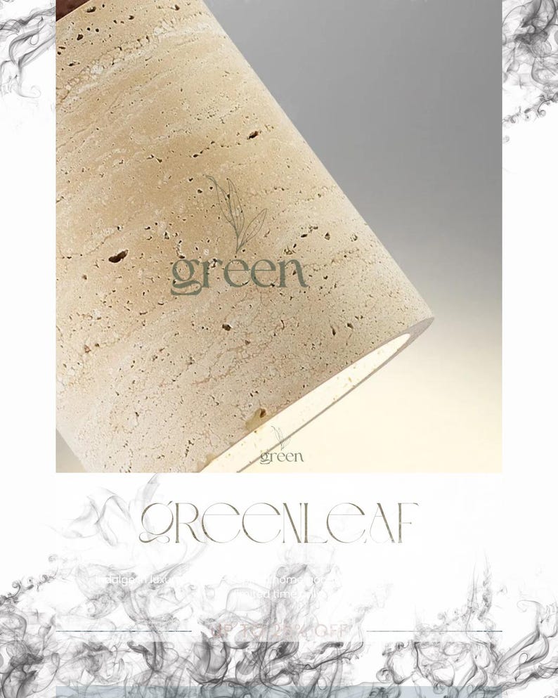 May include: Close-up of a cylindrical object made of beige stone with a textured surface. The word "green" is printed in a light green color on the stone. The object is lit from within, creating a soft glow.
