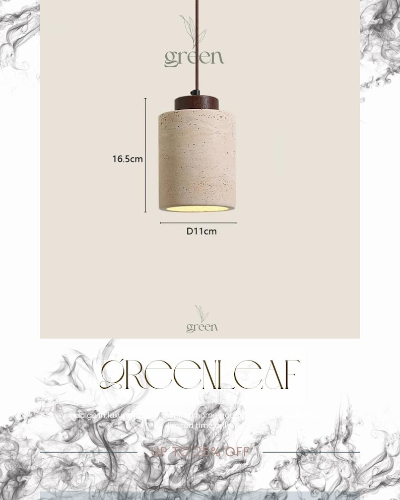 May include: A cylindrical pendant light fixture with a beige textured shade, 16.5cm in height and 11cm in diameter. It has a brown top and a brown cord. The word "green" is above the light fixture.