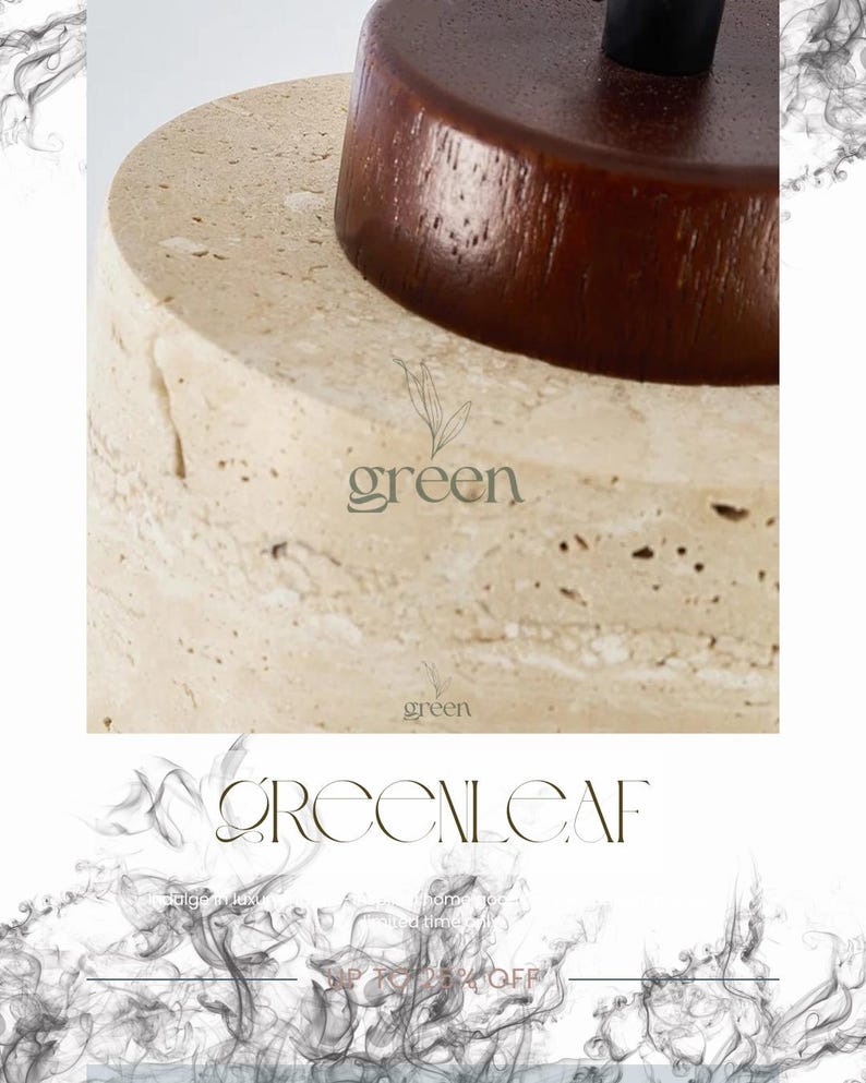 May include: Close-up of a beige stone lamp base with a dark brown wooden top. The word "green" is printed in a light green color on the lamp base. The text "GREENLEAF" is printed in a dark green color.