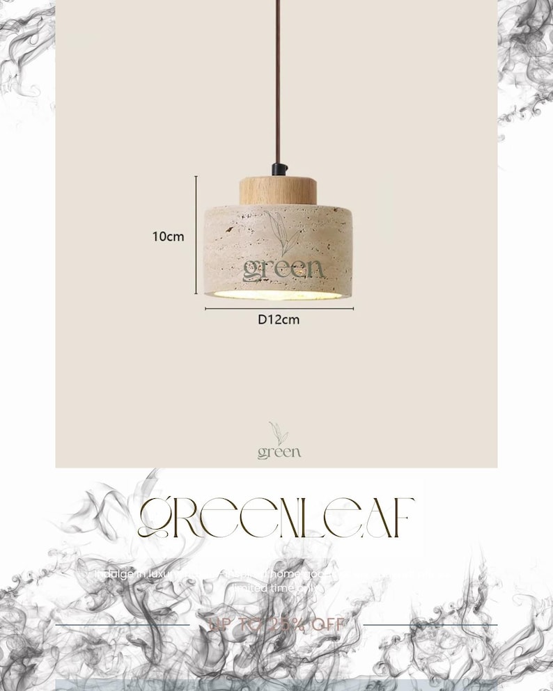 May include: A cylindrical pendant light with a wooden top and a textured, light-colored stone base. The base features the word "green" and a leaf design. The light fixture is 10cm tall and 12cm in diameter.