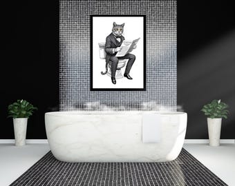 Funny Bathroom Wall Art, Cat Reading Newspaper Print, Quirky Toilet Decor, Digital Download