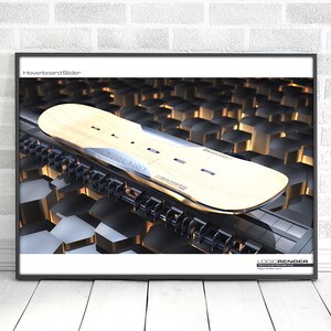 May include: A framed image of a hoverboard slider. The hoverboard has a light wood grain top with silver accents and black details. The background is a geometric pattern of dark and gold shapes. The text "Hoverboard Slider" is at the top.