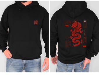 Japońska bluza z kapturem z motywem smoka – nadruk kanji z tyłu w kolorze czerwonym, ciemna estetyka uliczna, unisexowa bluza w stylu azjatyckim, inspirowana anime