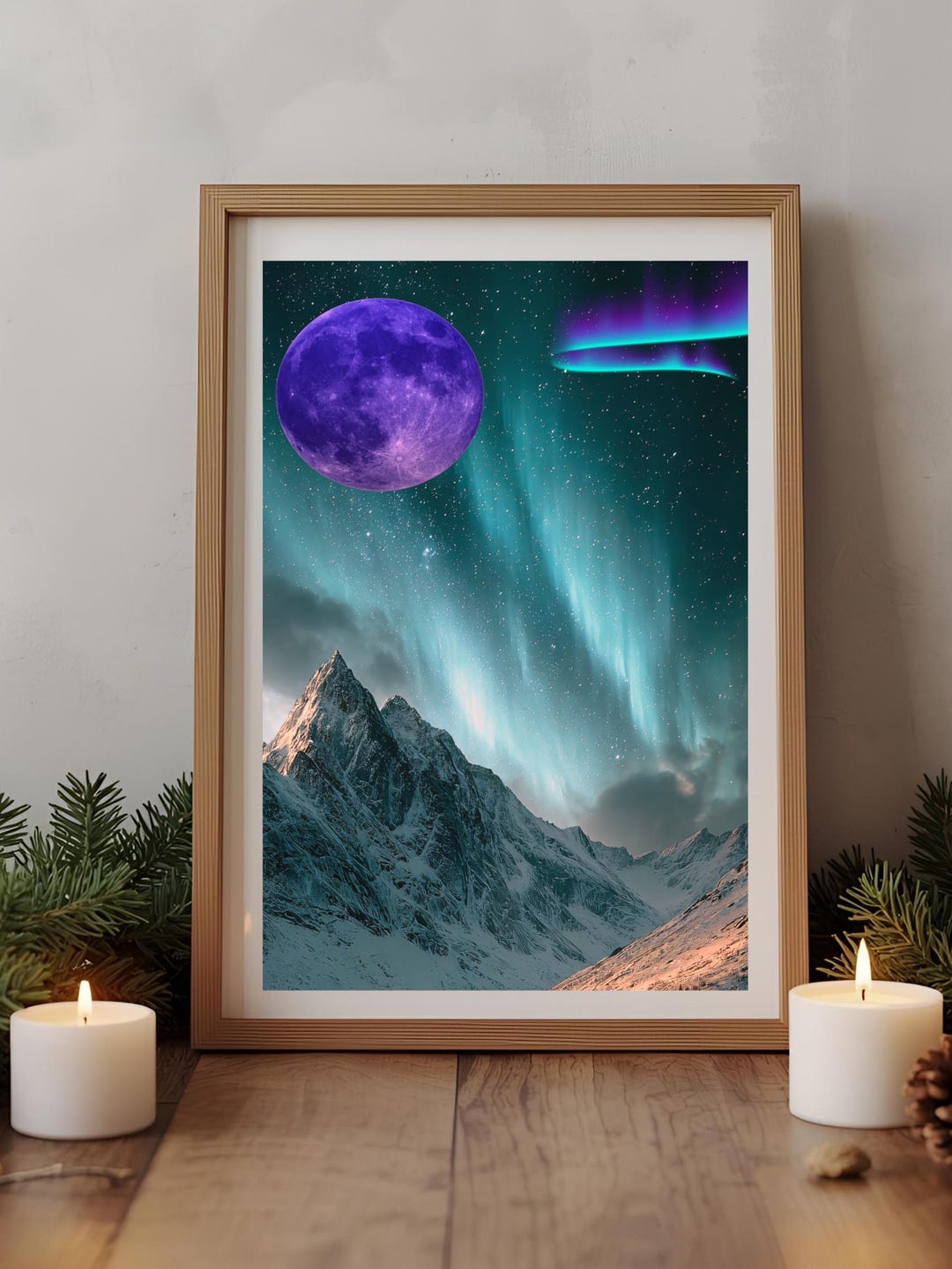 Solstice Collage Aurora Solstice Sky With Violet Moon, Celestial Winter Night Snowy ...