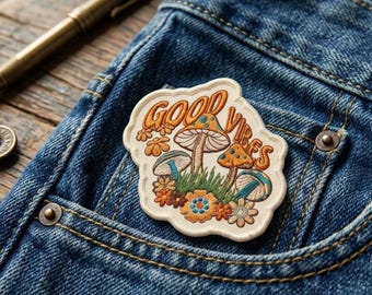 Good Vibes Mushroom Iron On Patch - Retro 70s Hippie Embroidered Patch Psychedelic Nature Embroidery - Colorful Vintage Style Gift