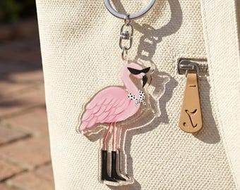 Funny Pink Flamingo Acrylic Keychain, Sassy Flamingo with Sunglasses and Boots Keyring, Whimsical Animal Lover Gift, Cool Flamingo Key