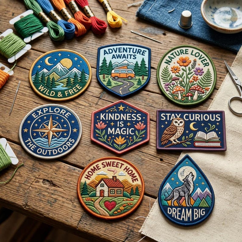 May include: A collection of embroidered patches with outdoor and inspirational themes. Designs include mountains, a compass, a camper van, an owl, and phrases like "Wild & Free," "Adventure Awaits," and "Dream Big." The patches are in various shapes and colors.