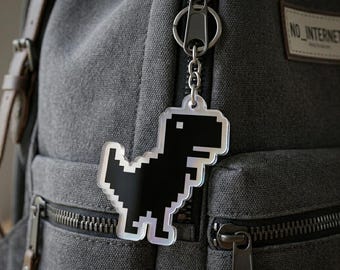 Pixel Dinosaur Keychain, No Internet Dino Keyring, Retro Geek Gift, Funny Tech Lover Accessory, Gamer Backpack Tag