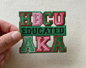 HBCU Educated AKA Embroidered Patch, Alpha Kappa Alpha Sorority Iron-On Patch, Pink and Green Greek Life Decal