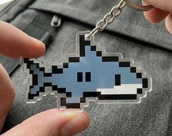 Pixel Art Shark Keychain, 8-Bit Gamer Shark Keyring, Retro Video Game Shark Charm, Cute Shark Mom Gift