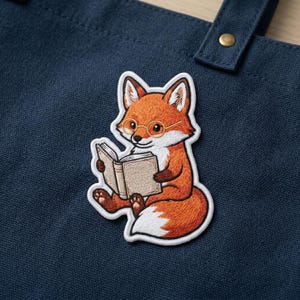 May include: An embroidered patch of an orange fox wearing round gold-rimmed glasses while reading an open book. The fox has white fur on its chest and tail tip. The patch is attached to a dark navy blue fabric tote bag with a visible metal rivet.
