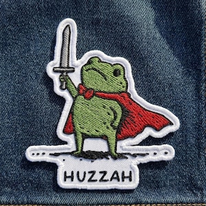 Huzzah Frog Patch - Knight Frog Embroidered Badge - Kawaii Fantasy Applique - Custom Apparel Accessory - Frog Decal for Denim Jackets