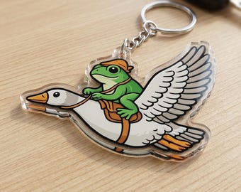 Frog Riding Goose Keychain - Cute Cottagecore Acrylic Keyring - Froggy Adventurer Charm - Kawaii Animal Accessory